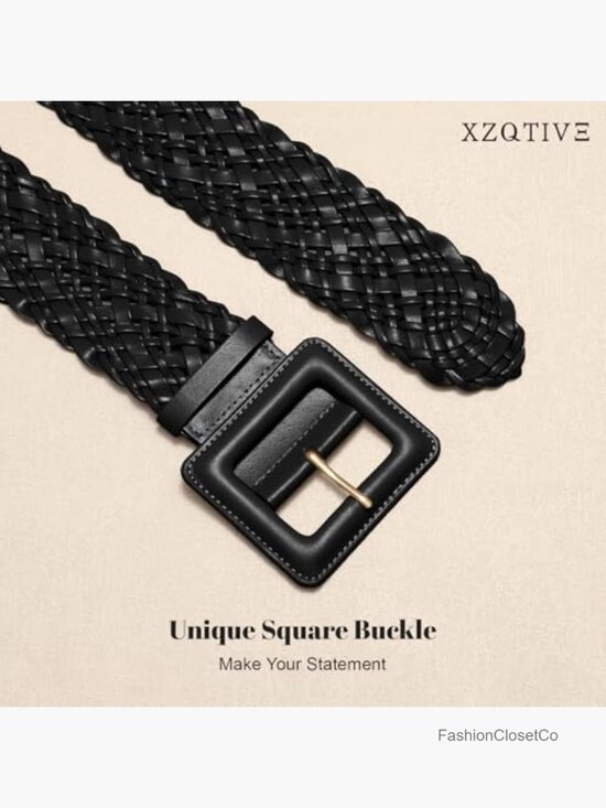 Wide Braided Leather Belt with Square Buckle - Adjustable Woven Waistband main image 6